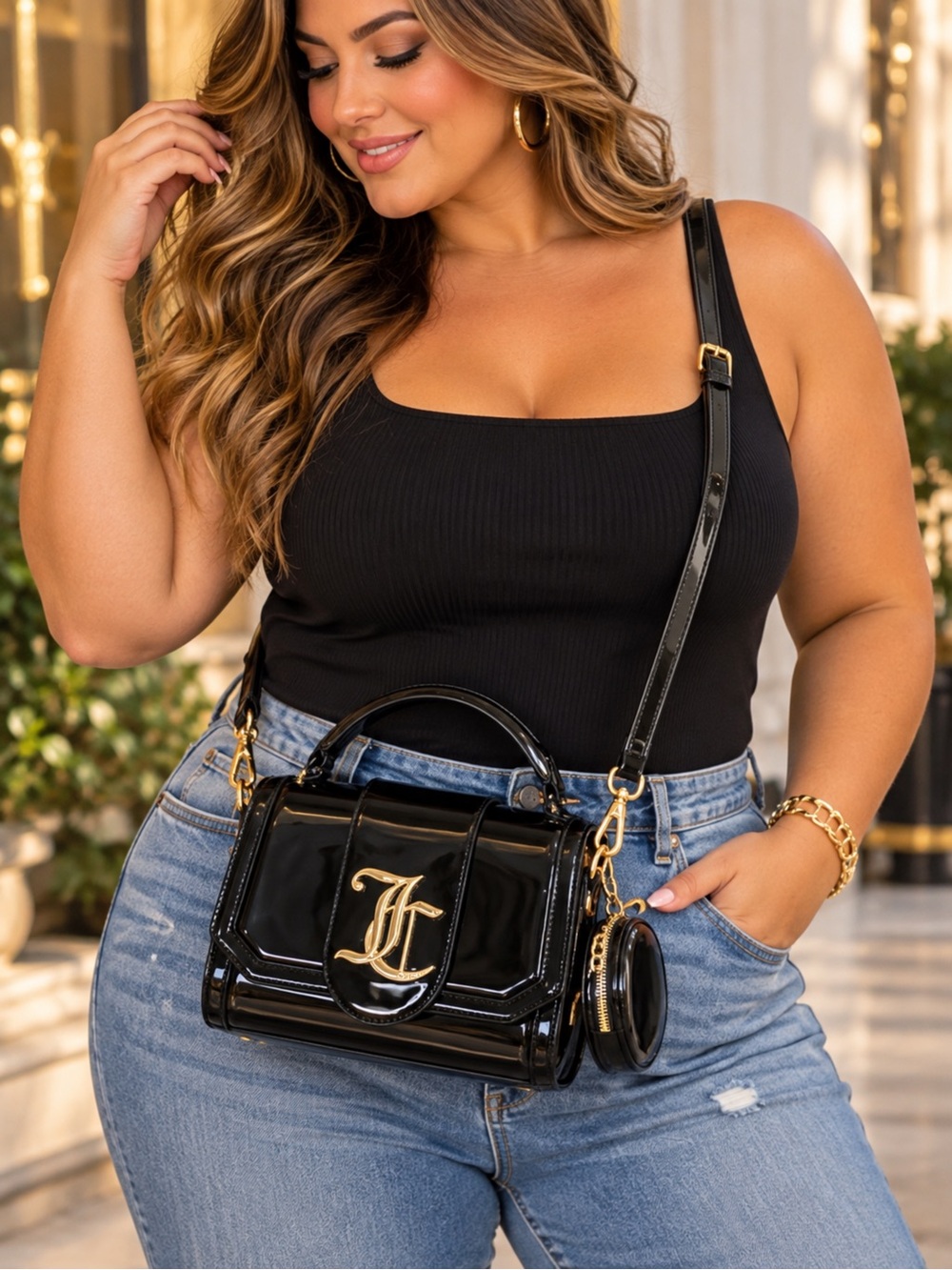 Black Patent Leather Top-Handle Crossbody Bag with Gold Hardware